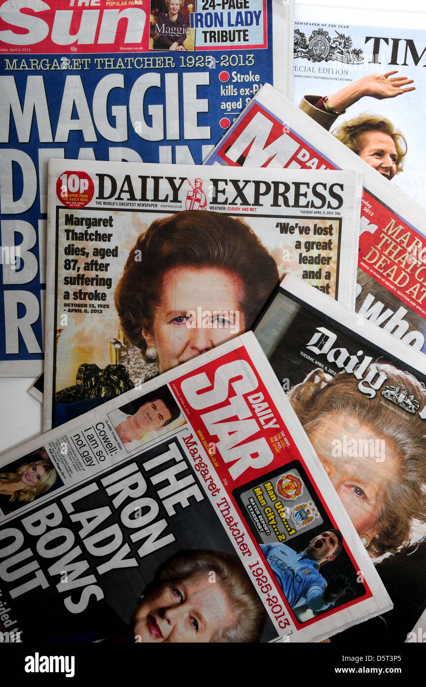 UK.09th April 2013.MP Baroness Margaret Thatcher front cover of UK daily newspapers. Credit: Ian Francis / Alamy Live News Stock Photo