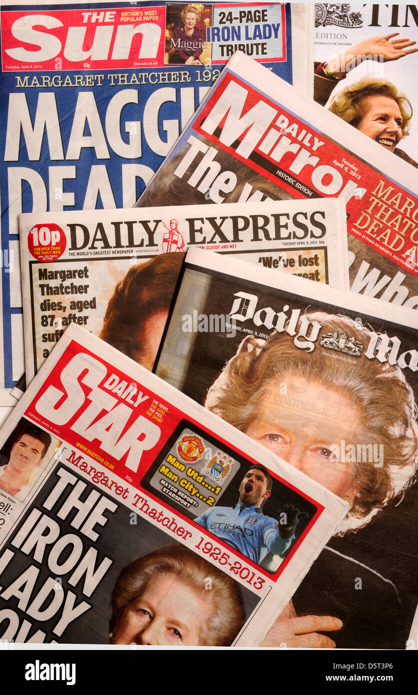 UK.09th April 2013.MP Baroness Margaret Thatcher front cover of UK daily newspapers. Credit: Ian Francis / Alamy Live News Stock Photo