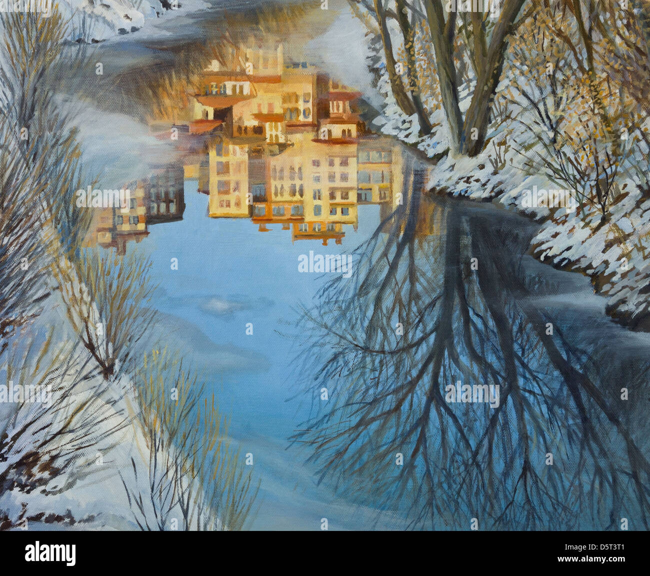An oil painting on canvas of a winter scene with colorful buildings reflection in a partly frozen mountain river. Stock Photo