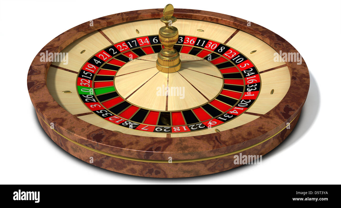 A regular wood roulette wheel with red and black markers and gold