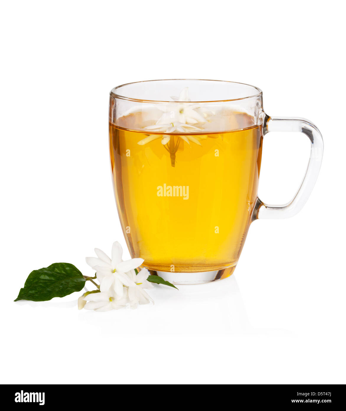Green tea with jasmine flowers isolated on white background Stock Photo