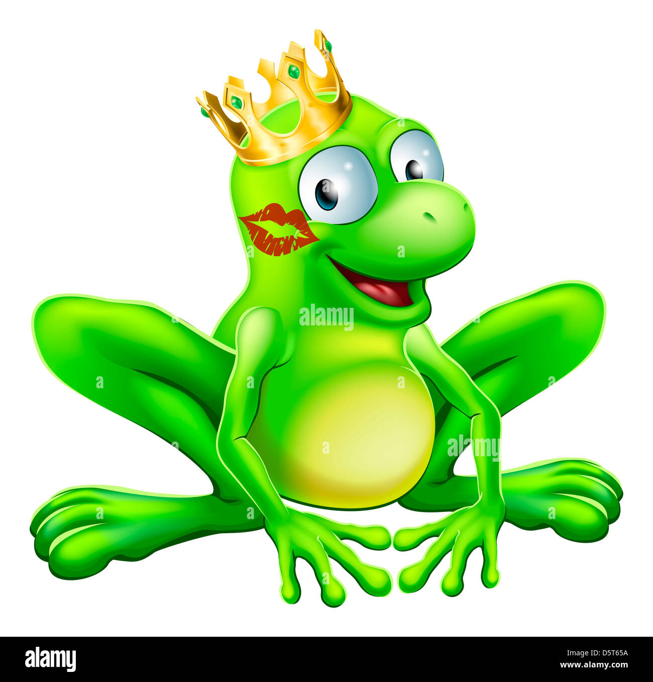 You have to kiss a lot of frogs to find a prince or princess. A frog wearing a crown with red lipstick on his or her cheek Stock Photo