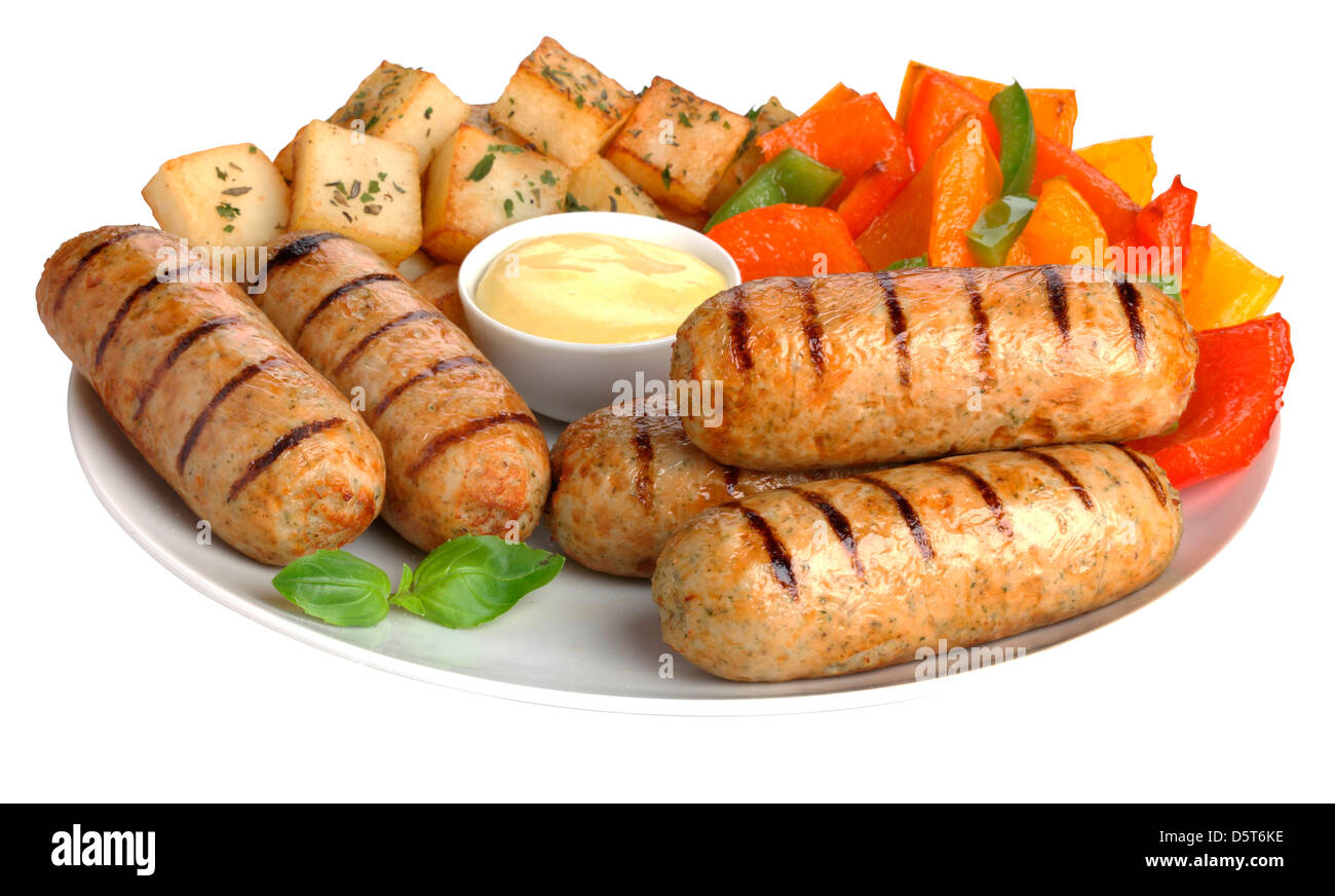 CHICKEN SAUSAGES WITH SAUTE POTATOES Stock Photo