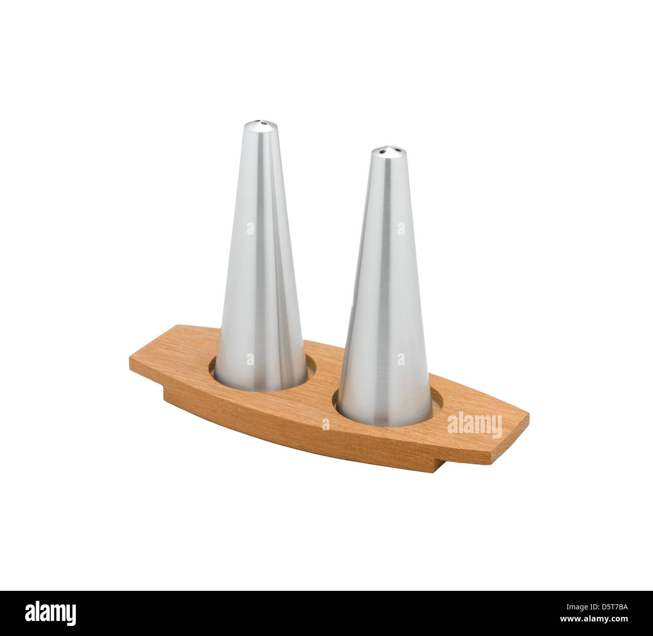 Modern designed of a pair of salt and pepper bottle on teak wood tray Stock Photo