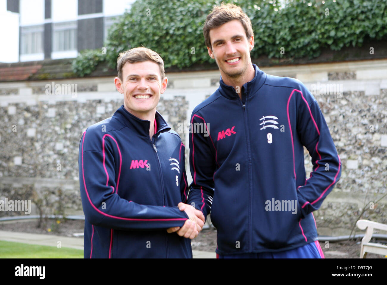08.04.2013 London, England. L-R James Harris and Steve Finn  during the Middlesex Media day from Lords. Stock Photo