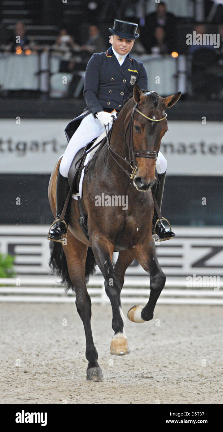 Equestrian Dorothee Schneider from Germany performs on Forward Looking during the dressage event of the German Master at Schleyerhalle in Stuttgart, Germany, 18 November 2012. Germany's Balkenhol won the competition in front of Austria's Max-Theurer and Germany's Schneider. Photo: FRANZISKA KRAUFMANN Stock Photo