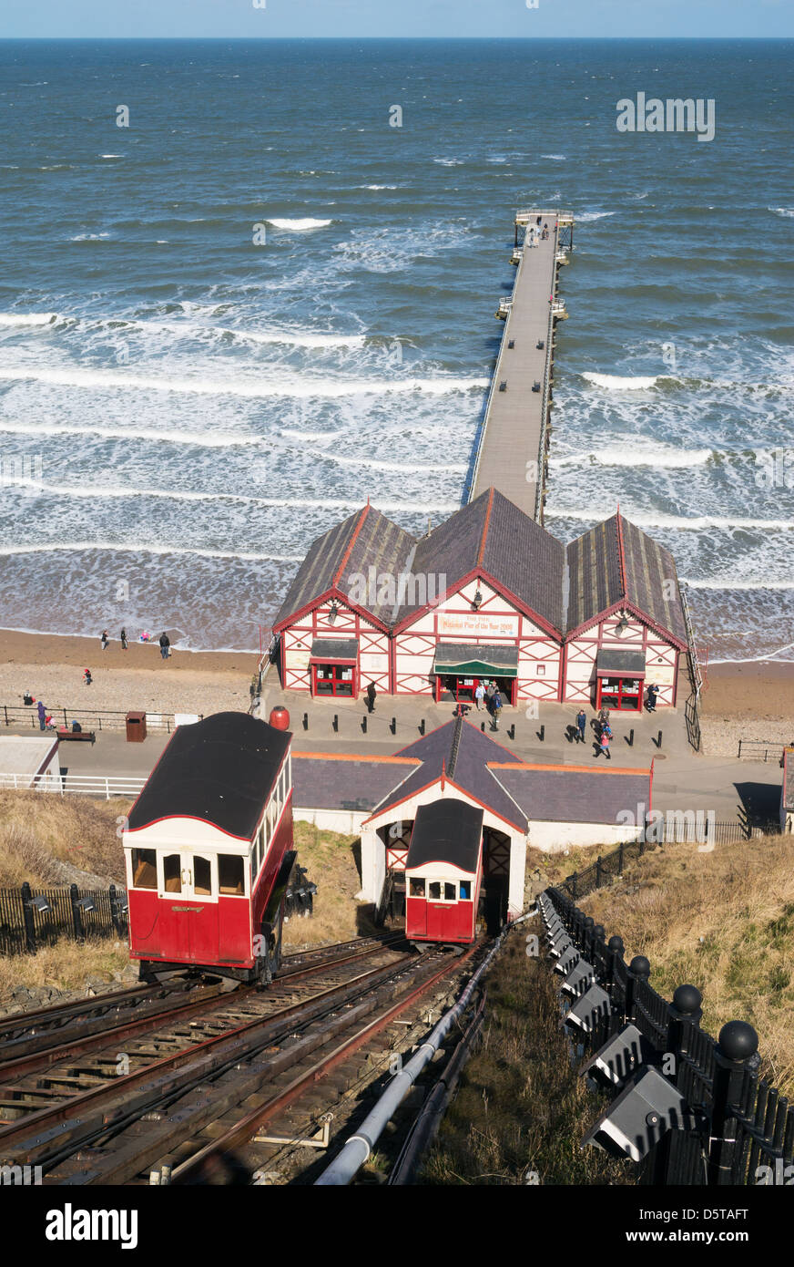 The Victorian funicular railway and pier at Saltburn north east England UK Stock Photo