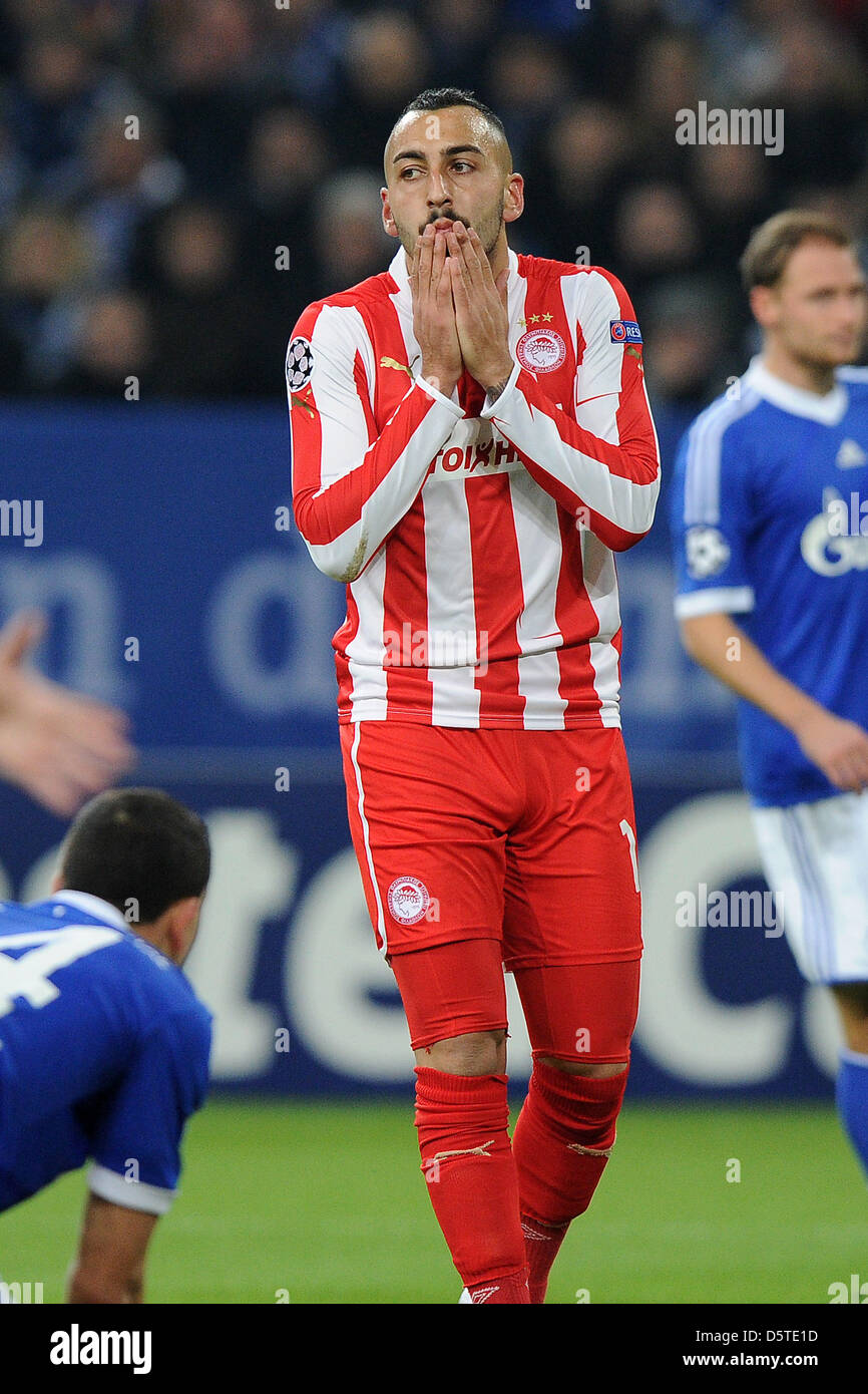 Olympiacos' Kostas Mitroglou gestures during the Champions League Group B soccer match between FC Schalke 04 vs Olympiacos FC at Stadion Gelsenkirchen in Gelsenkirchen, Germany, 21 November 2012. The match ended 1:0. Photo: Revierfoto Stock Photo