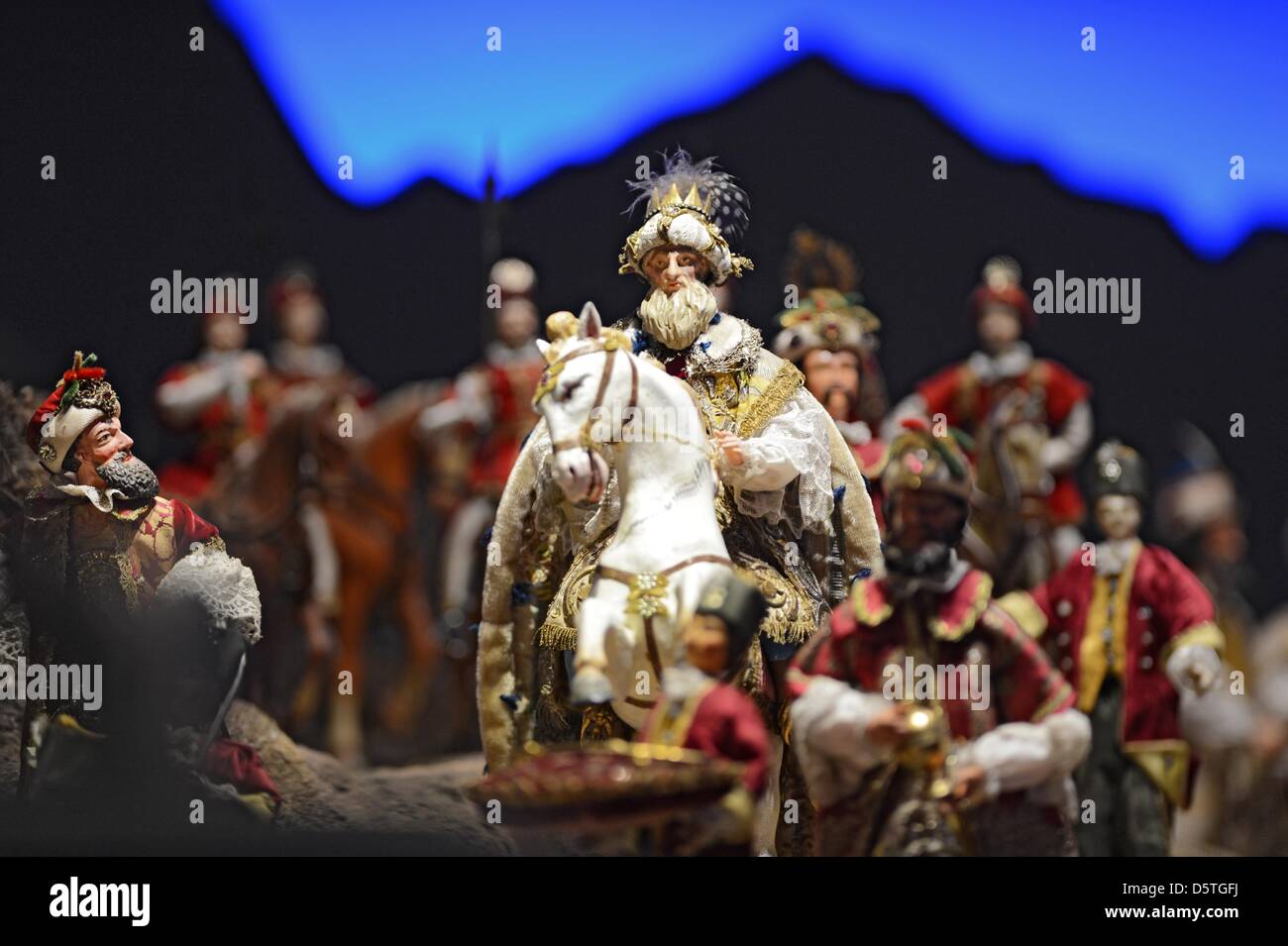 Manger figures stand to form on of 16 biblical scenes at the Franciscan