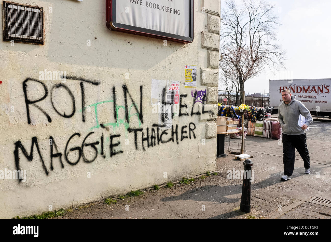 Belfast, UK. 9th April 2013. Following a street party in the area, anti-Thatcher graffiti appears on walls throughout West Belfast. Credit: Stephen Barnes / Alamy Live News Stock Photo