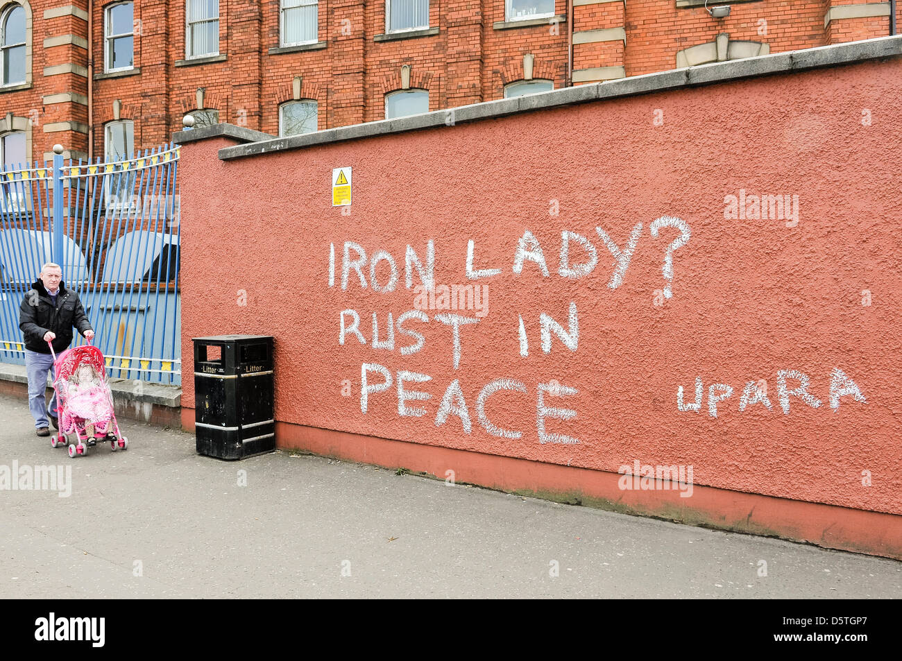 Belfast, UK. 9th April 2013. Following a street party in the area, anti-Thatcher graffiti appears on walls throughout West Belfast. Credit: Stephen Barnes / Alamy Live News Stock Photo