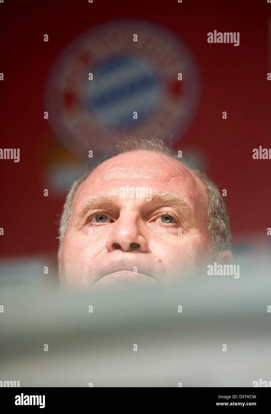 President of Bayern Munich Uli Hoeness sits during a press conference in Munich, Germany, 27 November 2012. FC Bayern Munich Pesic is replacing former coach Christopoulos and will initially coach the team until the end of the season. Photo: Victoria Bonn-Meuser Stock Photo