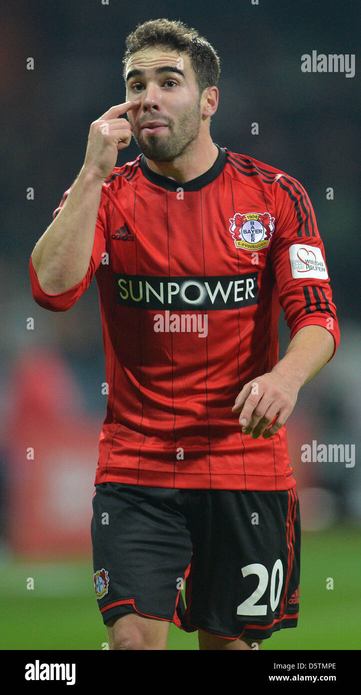Leverkusen's Daniel Carvajal gestures during the German Bundesliga soccer match between Werder Bremen and Bayer Leverkusen at Weser Stadium in Bremen, Germany, 28 November 2012. Photo: CARMEN JASPERSEN  (ATTENTION: EMBARGO CONDITIONS! The DFL permits the further utilisation of up to 15 pictures only (no sequntial pictures or video-similar series of pictures allowed) via the interne Stock Photo