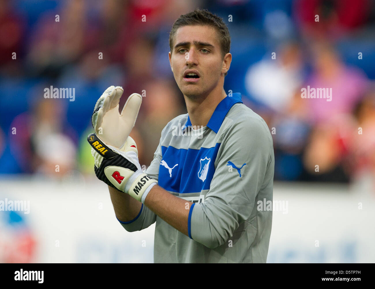 Hoffenheim's goalkeeper Koen Casteels gestures during the German Bundesliga soccer match B1899 Hoffenheim vs Hanover 96 at Rhein-Neckar-Arena in Sinsheim, Germany, 23 September 2012. Photo: UWE ANSPACH  (ATTENTION: EMBARGO CONDITIONS! The DFL permits the further  utilisation of up to 15 pictures only (no sequntial pictures or video-similar series of pictures allowed) via the intern Stock Photo
