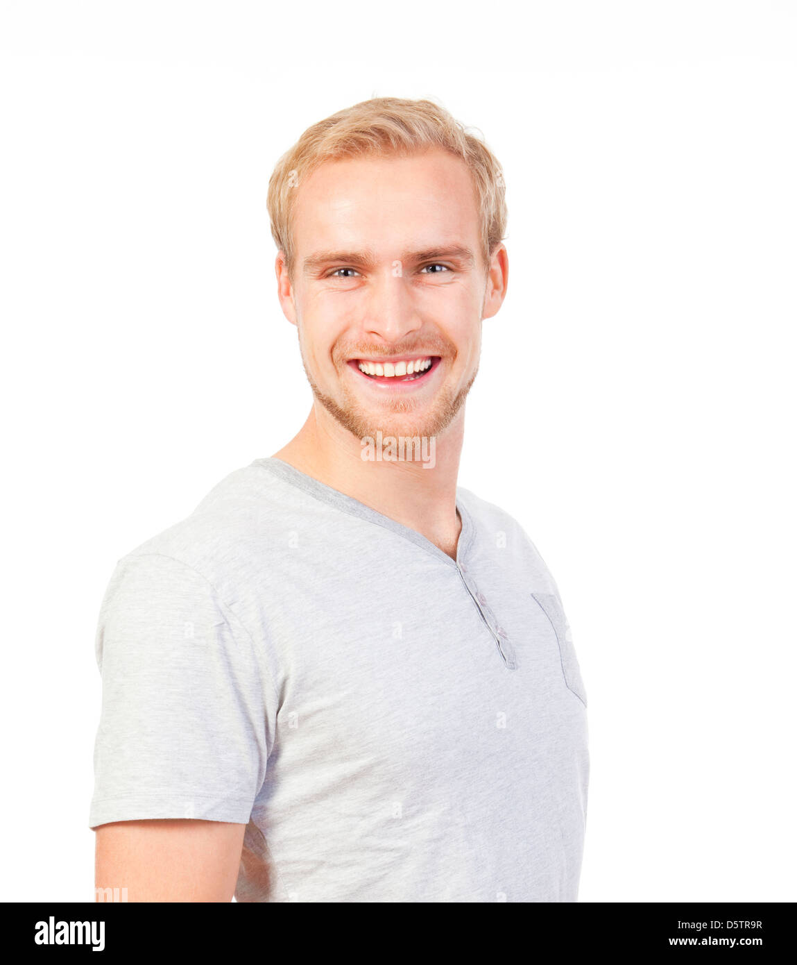 portrait of a young man with blond hair smiling - isolated on white ...