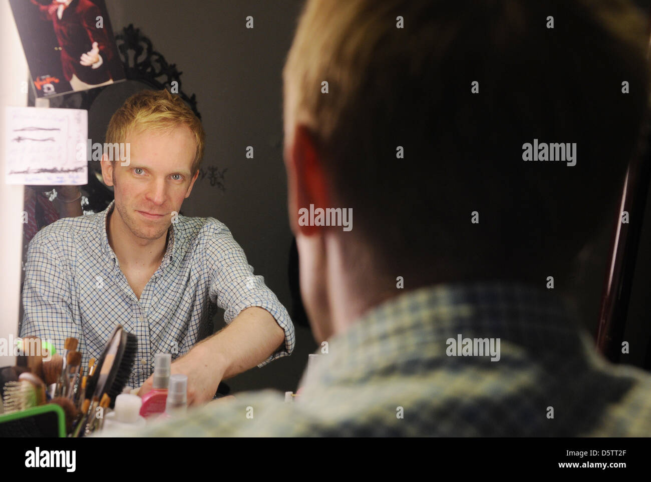 Musical theatre actor Veit Schäfermeier is pictured before his transformation into Professor Abronsius, his role in the Stage Entertainment musical 'Tanz der Vampire' (Dance of the Vampires), in his dressing room in the Theater des Westens in Berlin, Germany, 20 July 2012. Photo: Jens Kalaene Stock Photo