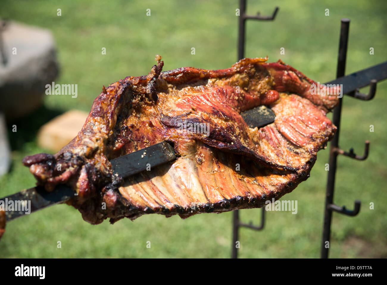 Roasting pig on a spit on a farm in Rancagua, Chile  Stock Photo
