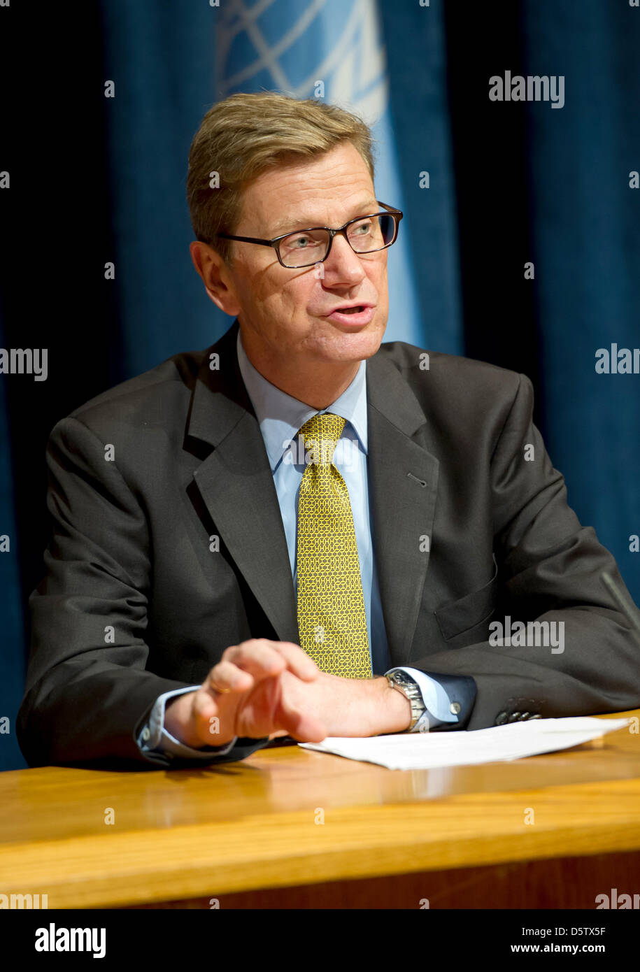 German Foreign Minister Guido Westerwelle holds a press conference at the United Nations in New York, USA, 26 September 2012. Mr Westerwelle is in New York for the General Assembly of the UN from 21 to 28 September. Photo: Sven Hoppe Stock Photo