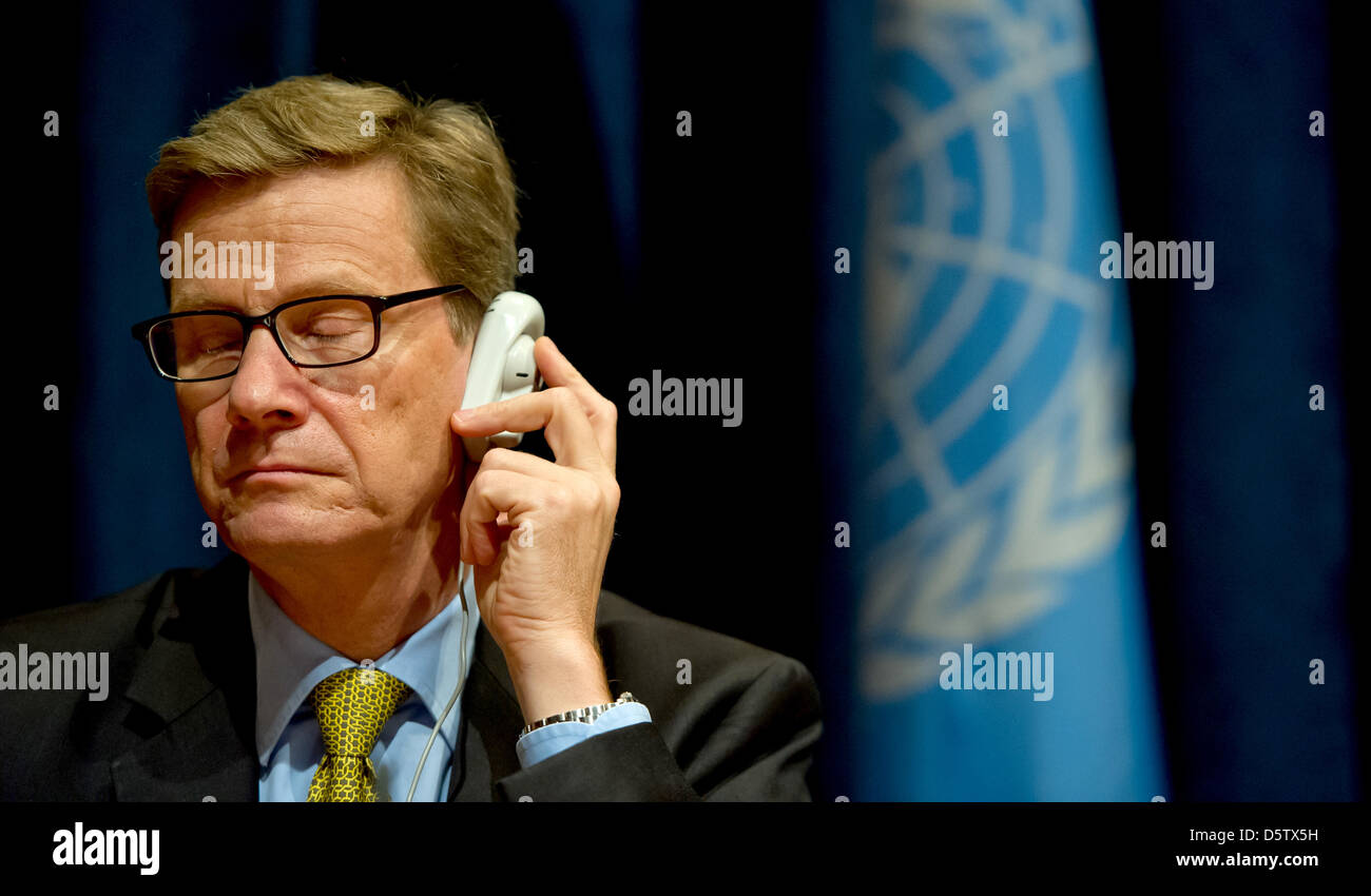 German Foreign Minister Guido Westerwelle holds a press conference at the United Nations in New York, USA, 26 September 2012. Mr Westerwelle is in New York for the General Assembly of the UN from 21 to 28 September. Photo: Sven Hoppe Stock Photo