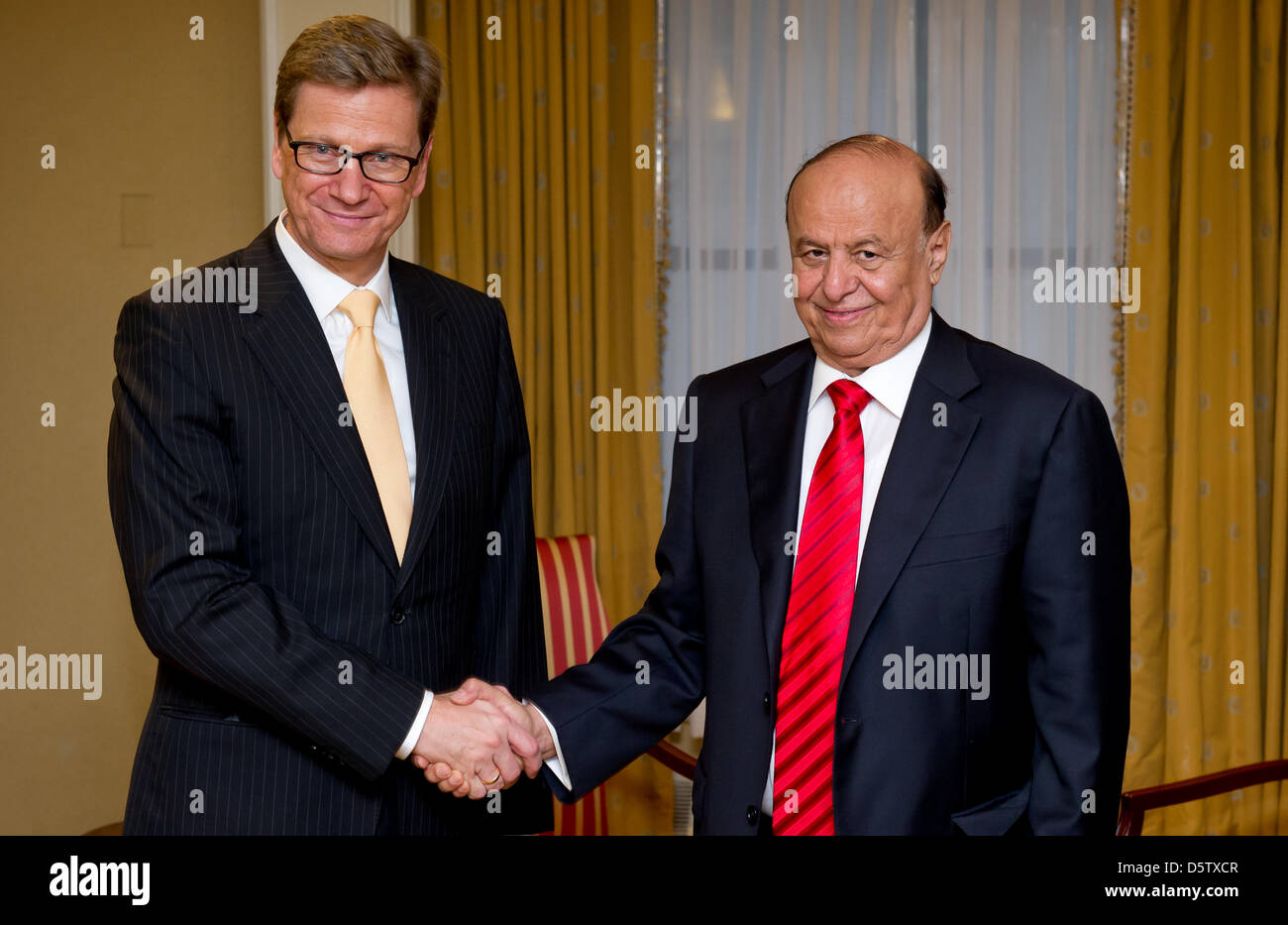 German Foreign Minister Guido Westerwelle (FDP, L) meets Yemeni President Abd Rabbuh Mansur Al-Hadi in New York, USA, 27 September 2012. Westerwelle is in New York from 21 till 28 September 2012 for the 67th United Nations General Assembly. Photo: SVEN HOPPE Stock Photo