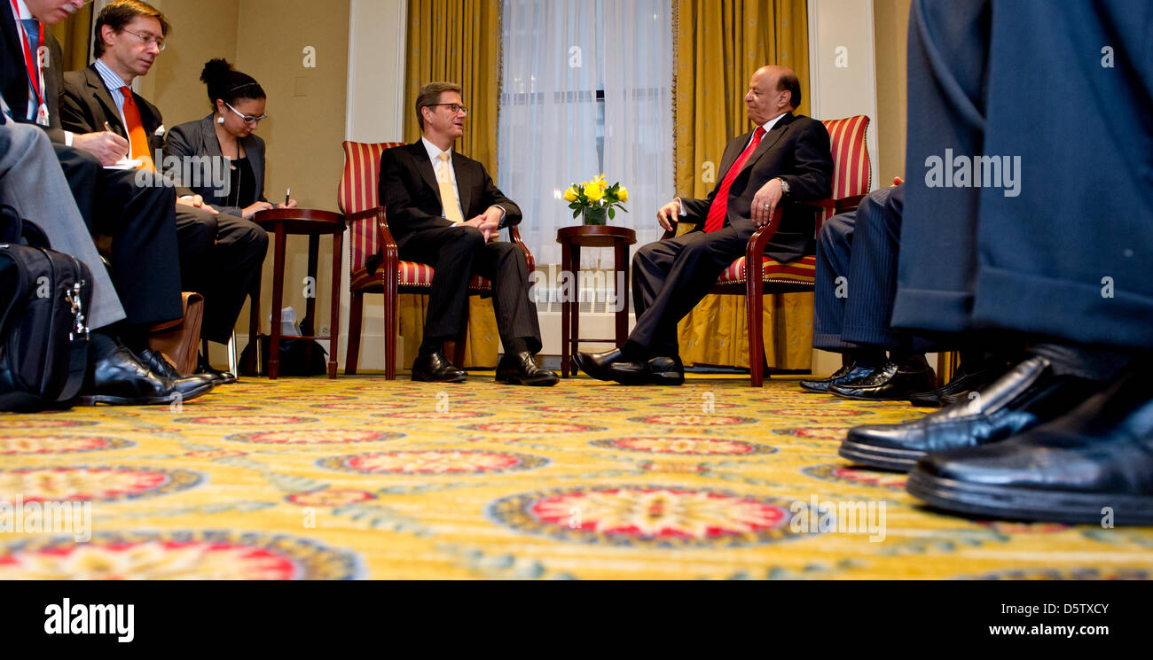 German Foreign Minister Guido Westerwelle (FDP, C-L) meets Yemeni President Abd Rabbuh Mansur Al-Hadi in New York, USA, 27 September 2012. Westerwelle is in New York from 21 till 28 September 2012 for the 67th United Nations General Assembly. Photo: SVEN HOPPE Stock Photo