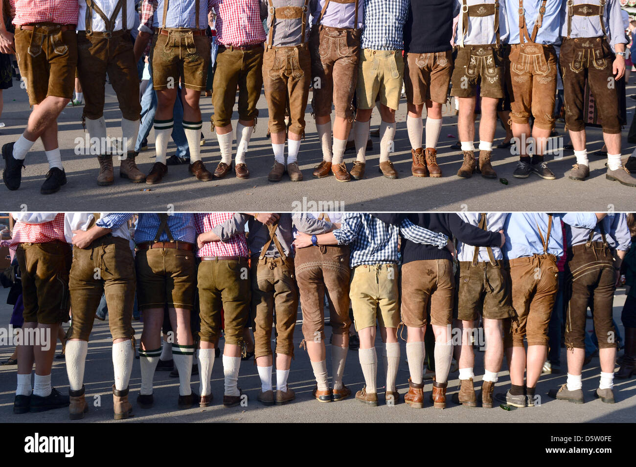 COMBO) A composite image shows men wearing Lederhosen at Oktoberfest in  Munich, 29 September 2012. Oktoberfest is the world's largest folk festival  and takes place from 22 September until 07 October this