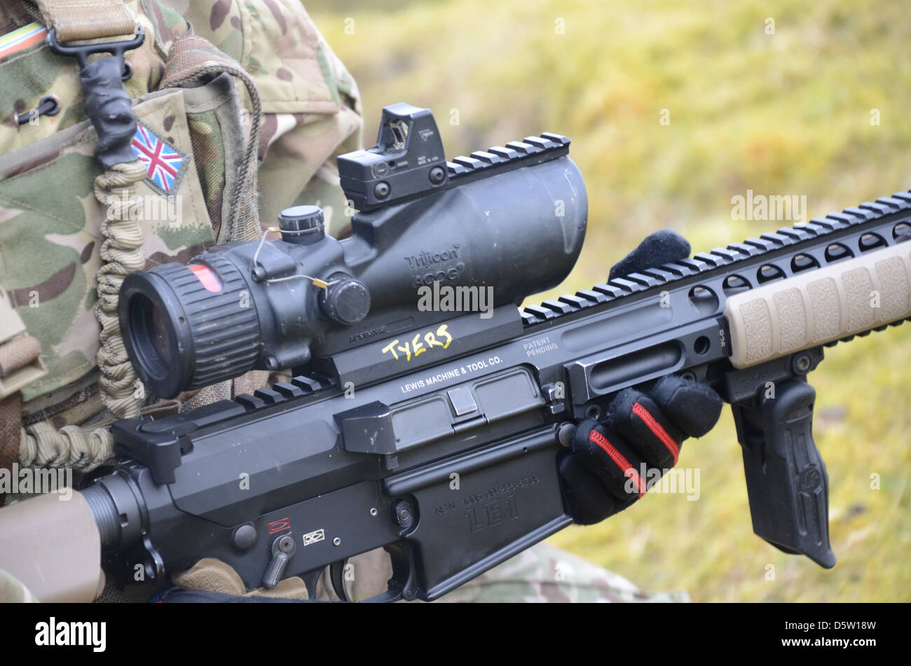sniper,British, army, rifle, l96 sniper rifle, sharp shoot.  L129A1 Sharpshooter / Sniper rifle, as issued to British army, with Stock Photo