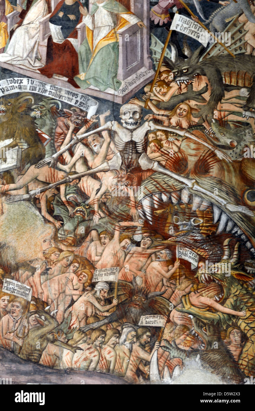 The Damned or Sinners in Hell Fresco (1492-1530) Notre Dame des Fontaines Chapel La Brigue Roya Valley Alpes-Maritimes France Stock Photo