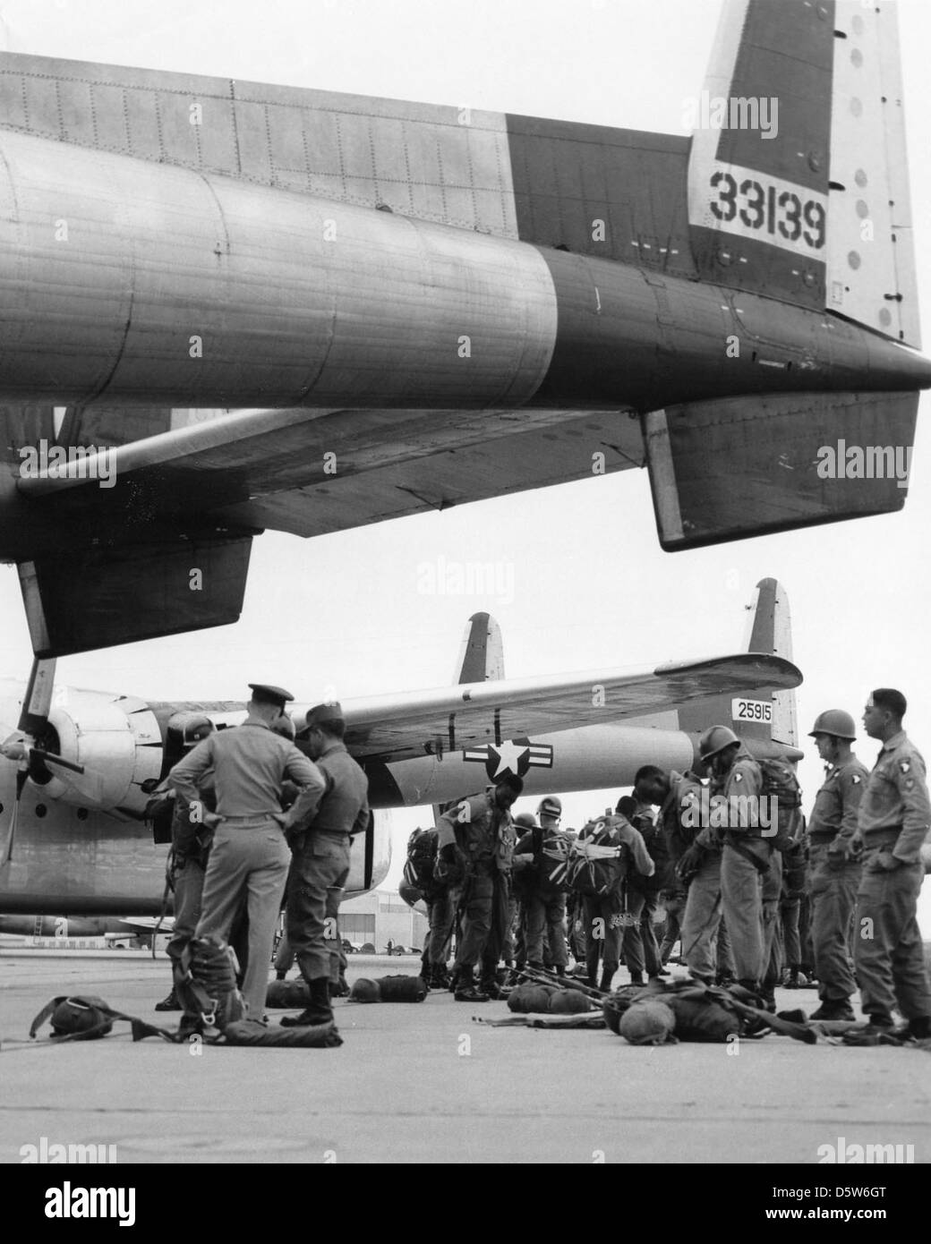 Fairchild C-119G 'Flying Boxcar' of the 776th Troop Carrier Squadron, 464th Troop Carrier Group, Pope AFB, N.C. Stock Photo