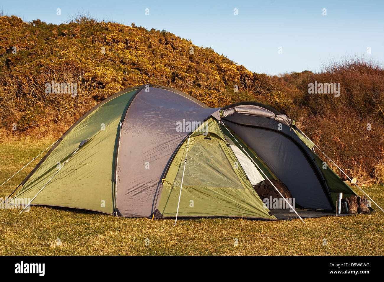 dome tent pitched in field for wild camping in the great outdoors with front flap open showing interior Stock Photo