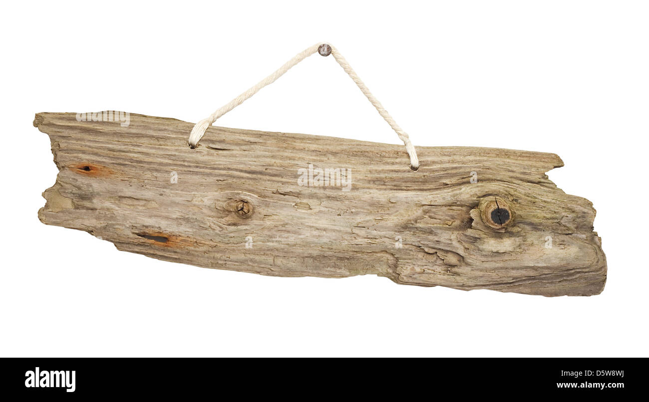 old grungy antique wooden plank of driftwood sign hanging on string great for notices Stock Photo