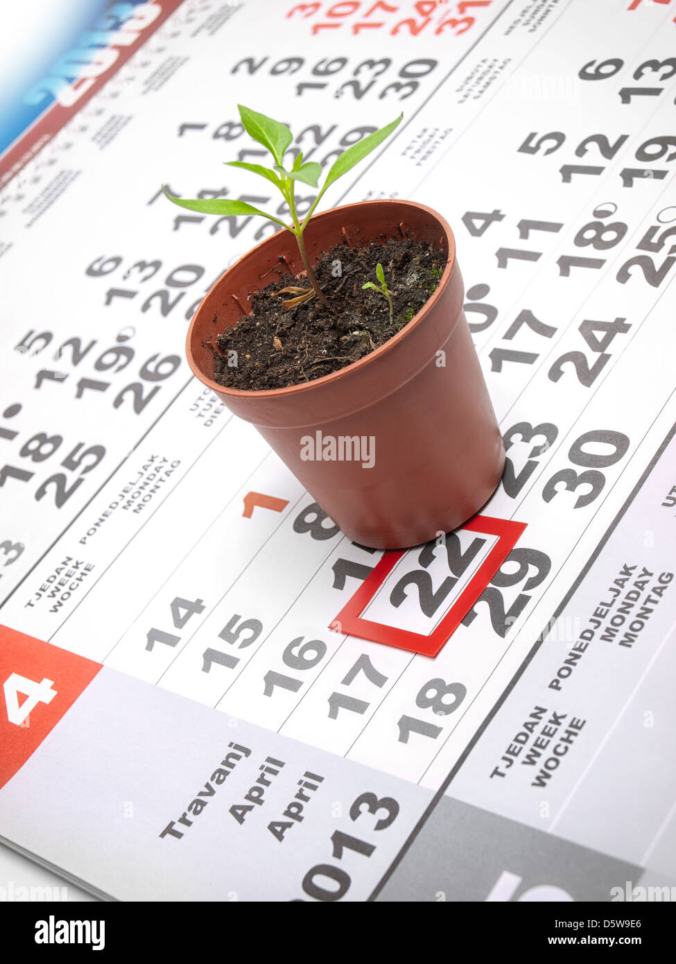 Earth day marked on the calendar with a young plant as a symbol Stock