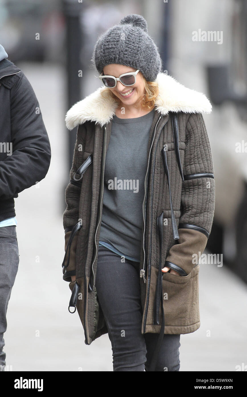 Kylie Minogue out and about in Chelsea wearing a knit hat London