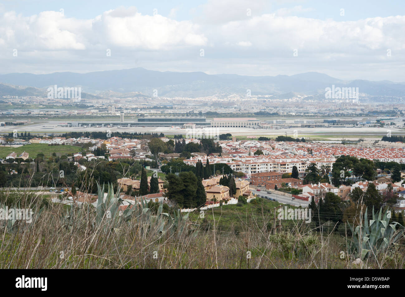 View of Malaga and Malaga airport from Sierra de Mijas at Alhaurin el Grande, Andalucia, Southern Spain. Stock Photo
