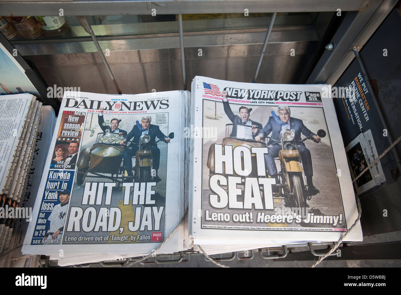 Front pages use the same hand-out photograph about Jay Leno and Jimmy Fallon and the Tonight Show Stock Photo