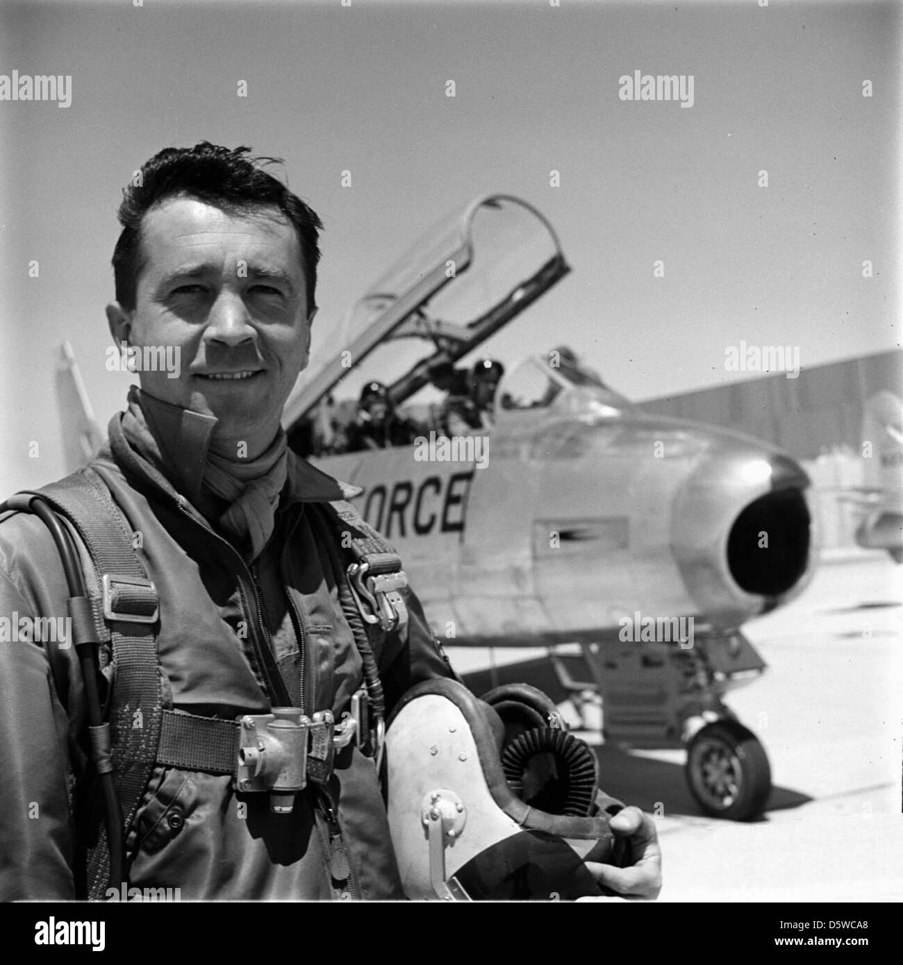 Major Stuart Row Childs and the North American TF-86 'Sabre' transonic trainer at Edwards AFB. Stock Photo