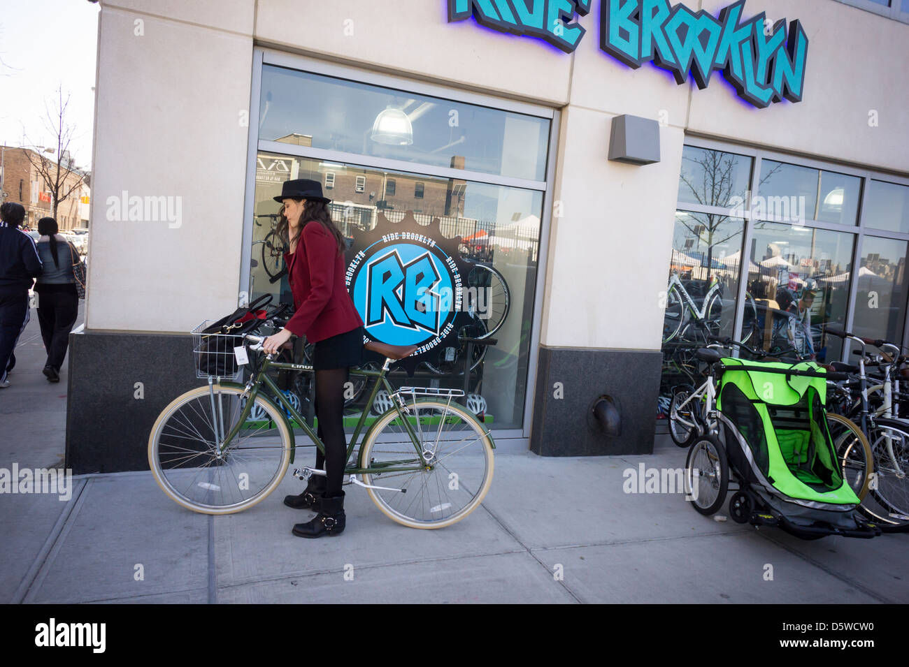 Street activity in the newly developed western edge of trendy hipster Williamsburg, Brooklyn Stock Photo