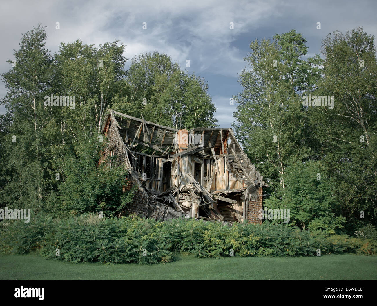 Ruins of an old abandoned rural house among trees. Stock Photo