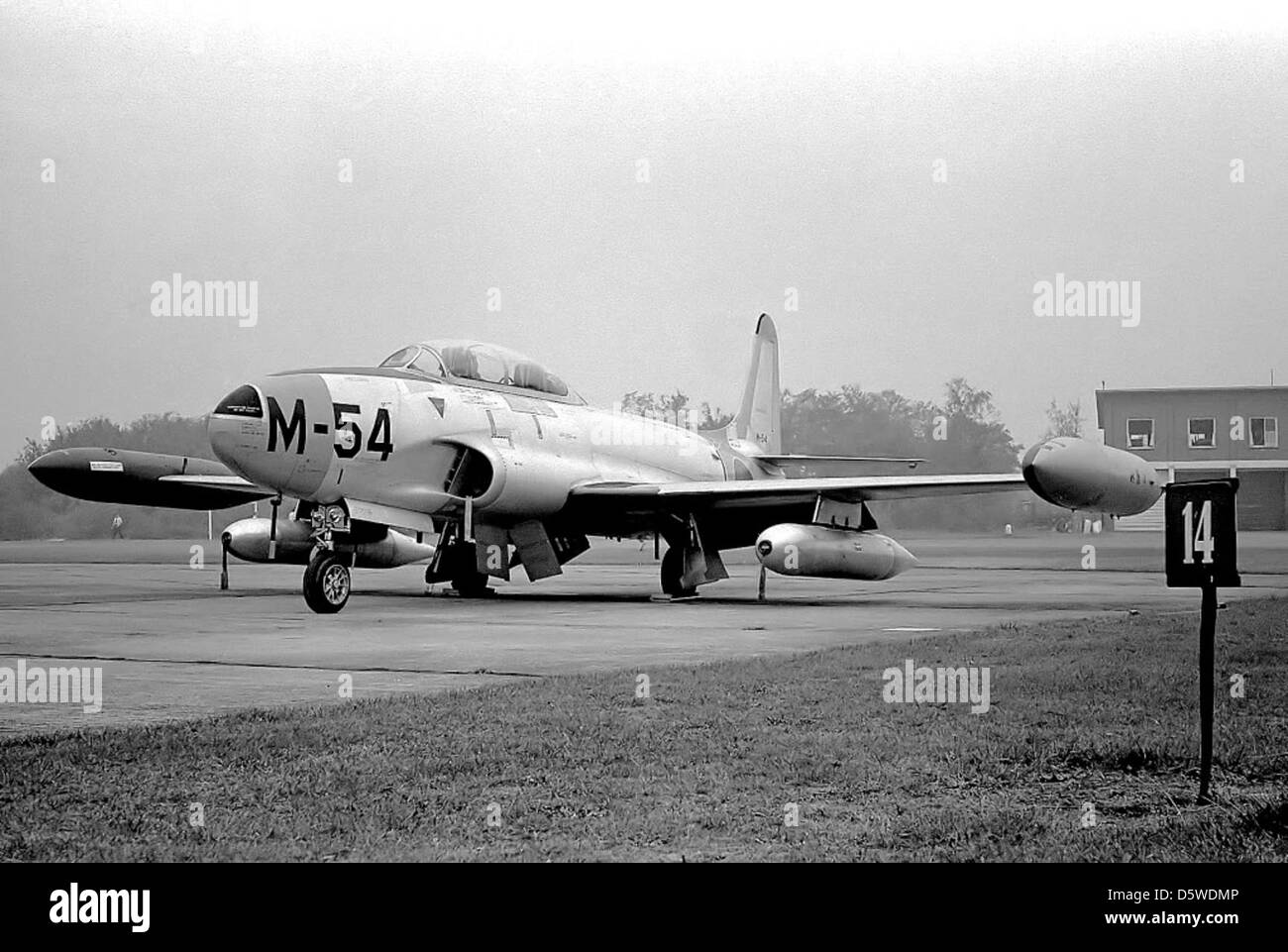 Lockheed T-33 "Shooting Star" showing chaff dispensers under wing. Stock Photo