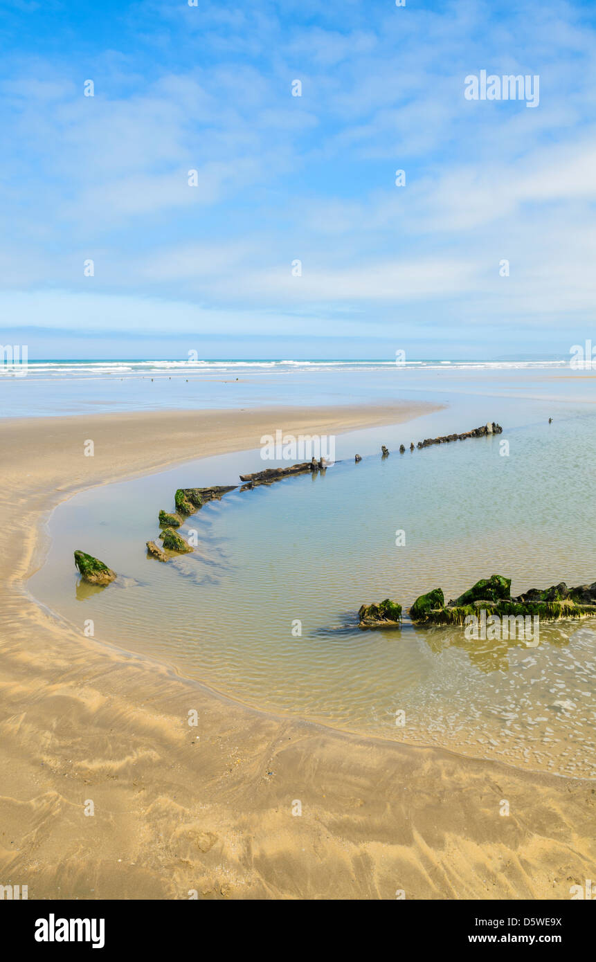 Shipwrek on the beach at Westward Ho!, North Devon, England. Stock Photo
