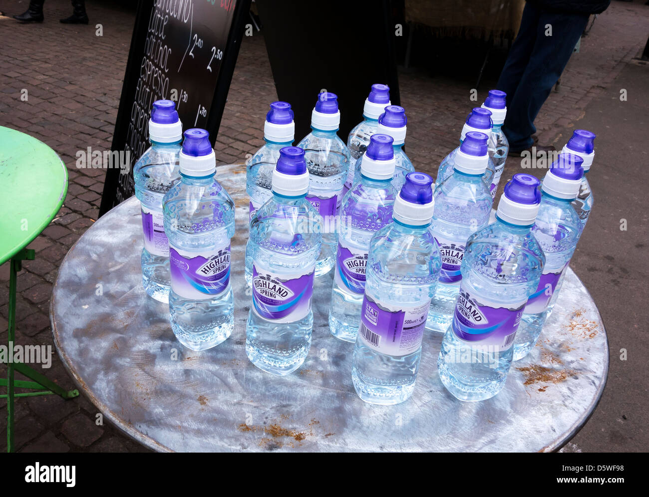 Drinking water bottles on table in market square Stock Photo