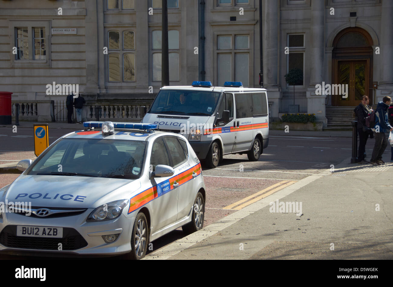 Silver police car parked on Horse Guards Road, London (next to St James Park). Stock Photo