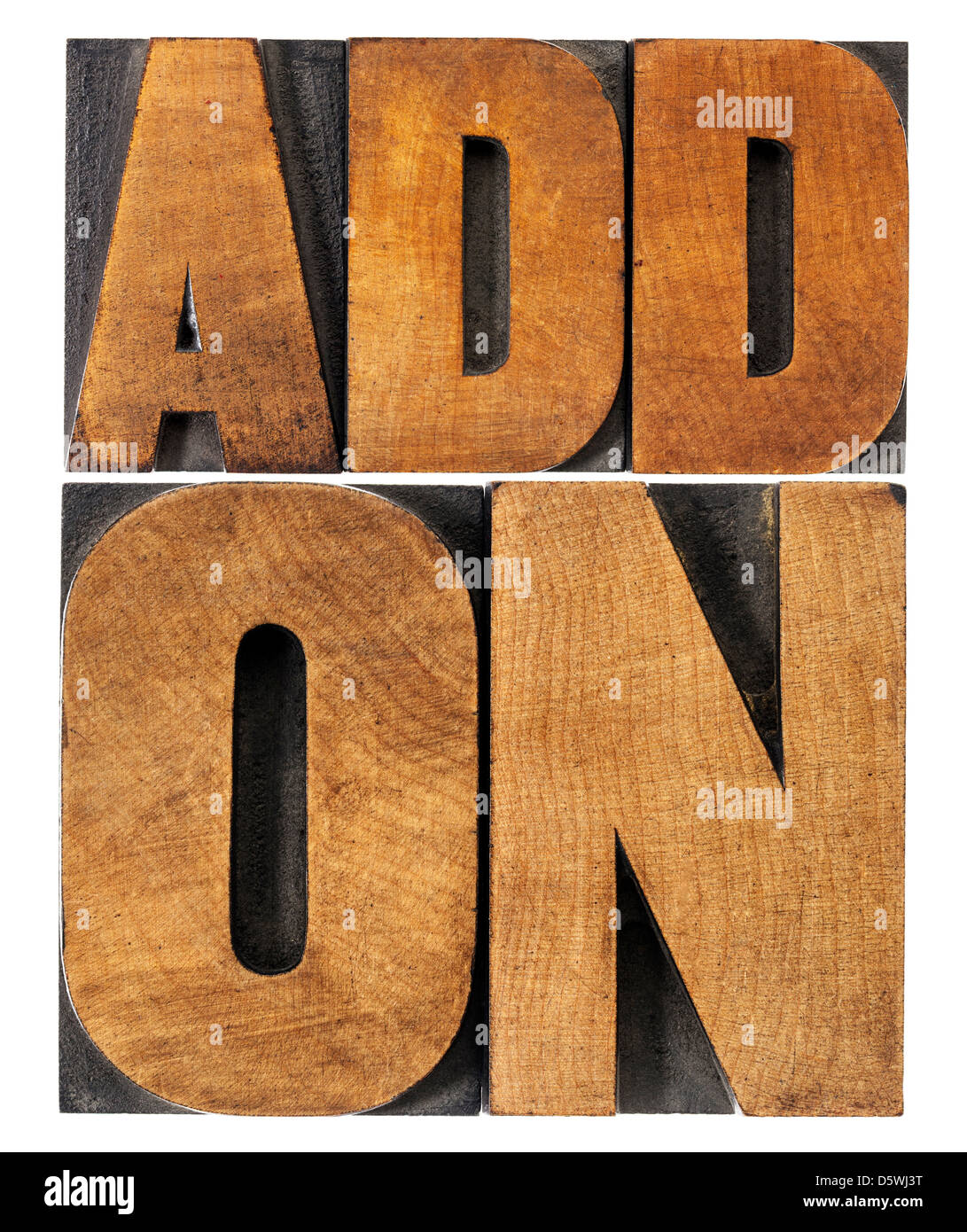 addon (add-on)- computer software component or application - isolated text in vintage letterpress wood type printing blocks Stock Photo