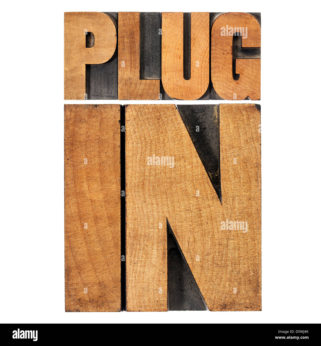 plugin (plug-in) - computer software component or application - isolated text in vintage letterpress wood type printing blocks Stock Photo