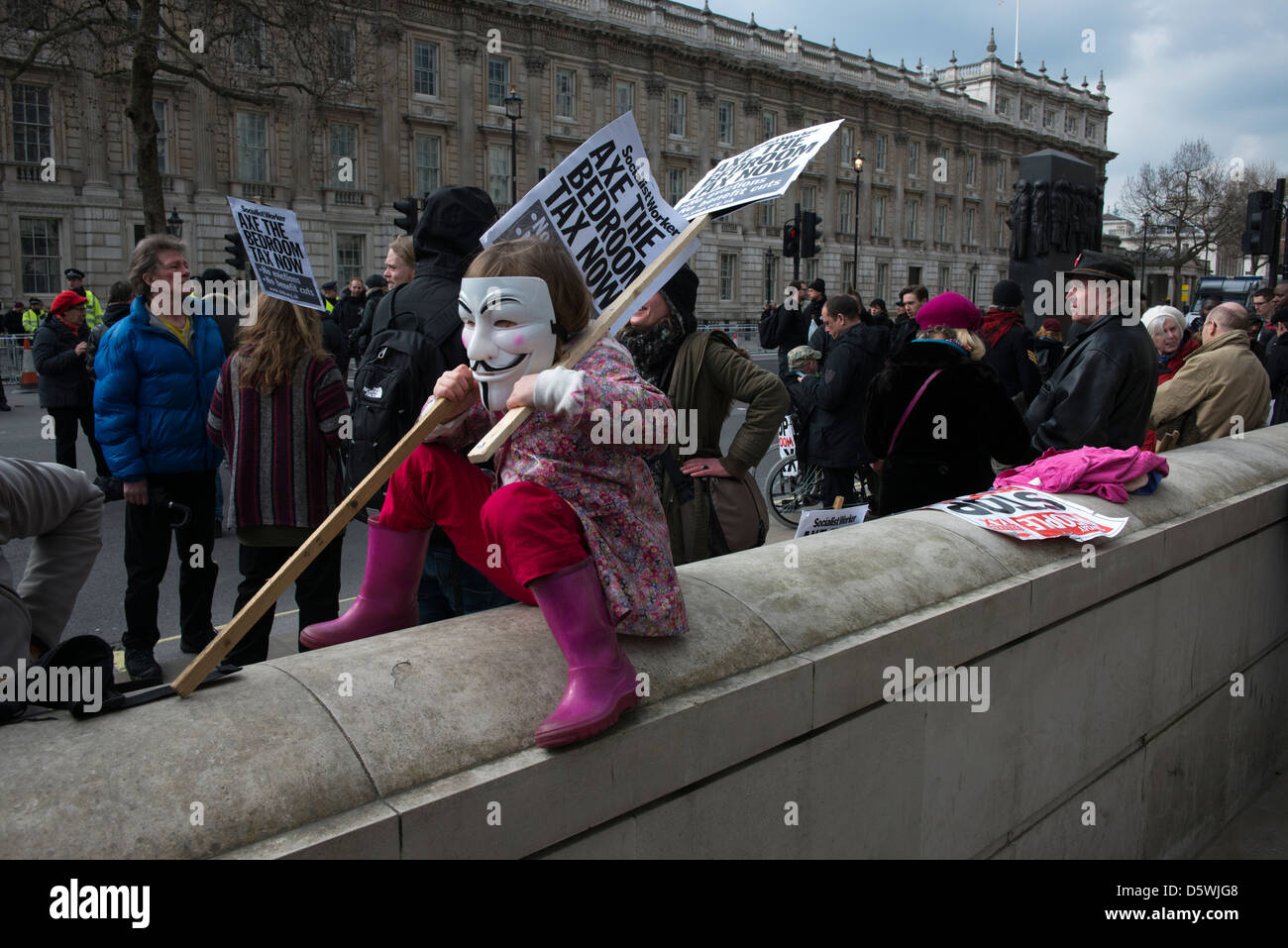 Protesters gather at Downing Street, London on 30th March 2013, to campaign against the newly introduced Bedroom Tax. Stock Photo
