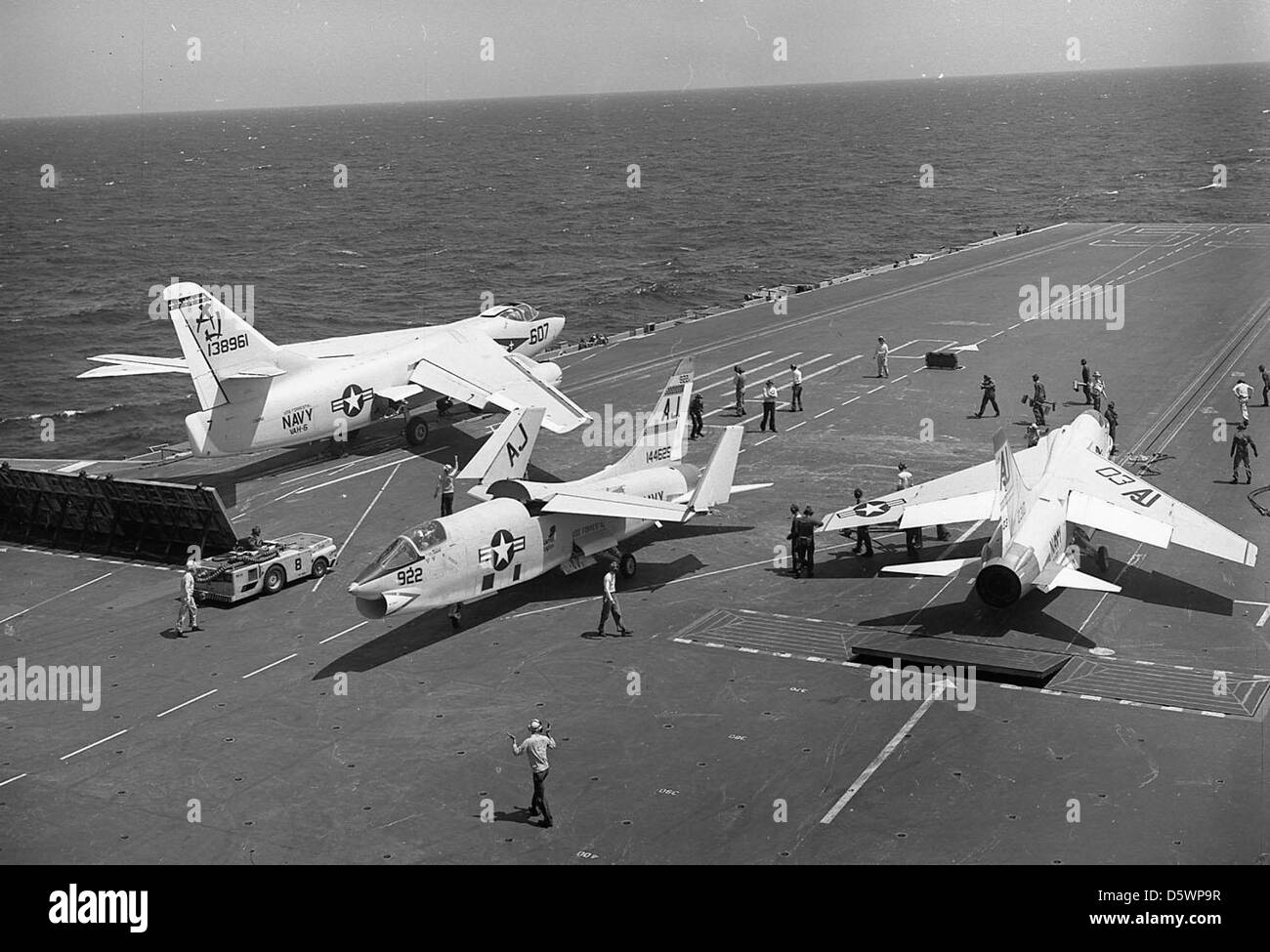 Aircraft of (CVA-8). Douglas A-3B 'Skywarrior' of VAH-6 'Fleurs' with a Vought RF-8A 'Crusader' of VFP-62, Det.59 'Fighting Photos' and on the starboard catapult is a Vought F-8E 'Crusader' of VF-103 'Sluggers' aboard the USS FORRESTAL (CVA-59). Stock Photo