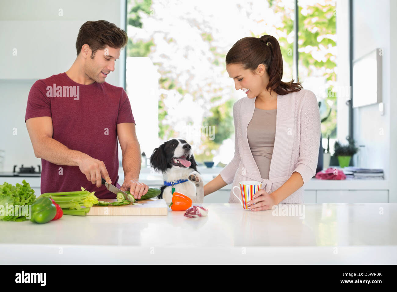 Dog with couple cooking in kitchen Stock Photo