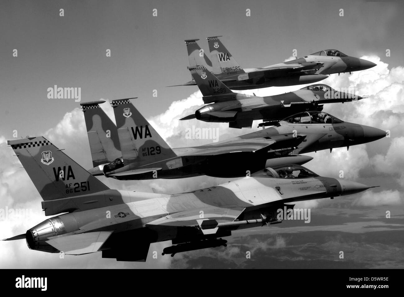 McDonnell Douglas F-15 "Eagles" and F-16 "Fighting Falcons" of the 64th and 65th Aggressor Squadron's at Nellis AFB. Stock Photo