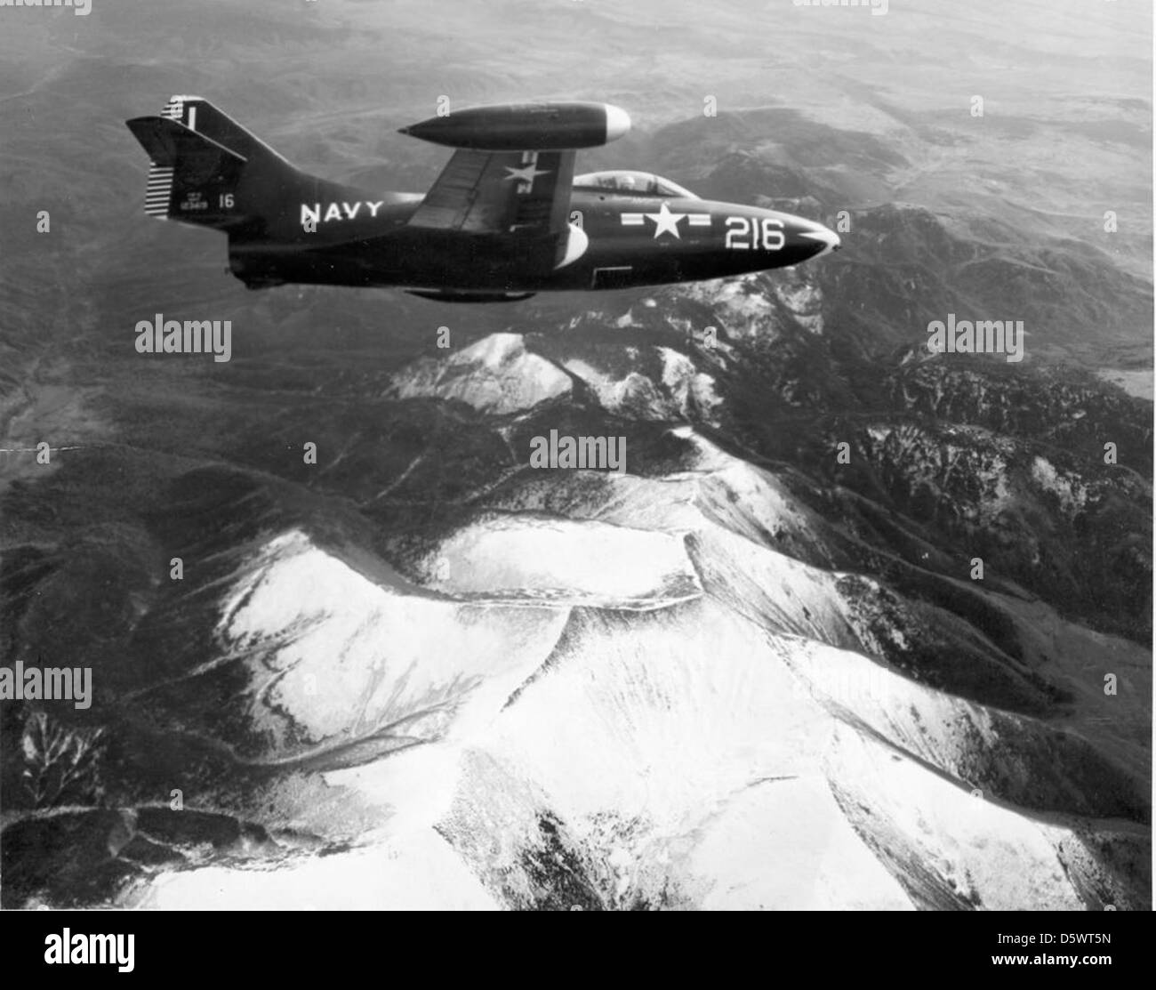 Grumman F9F-2 'Panther' over Korean mountains, 1952. Stock Photo
