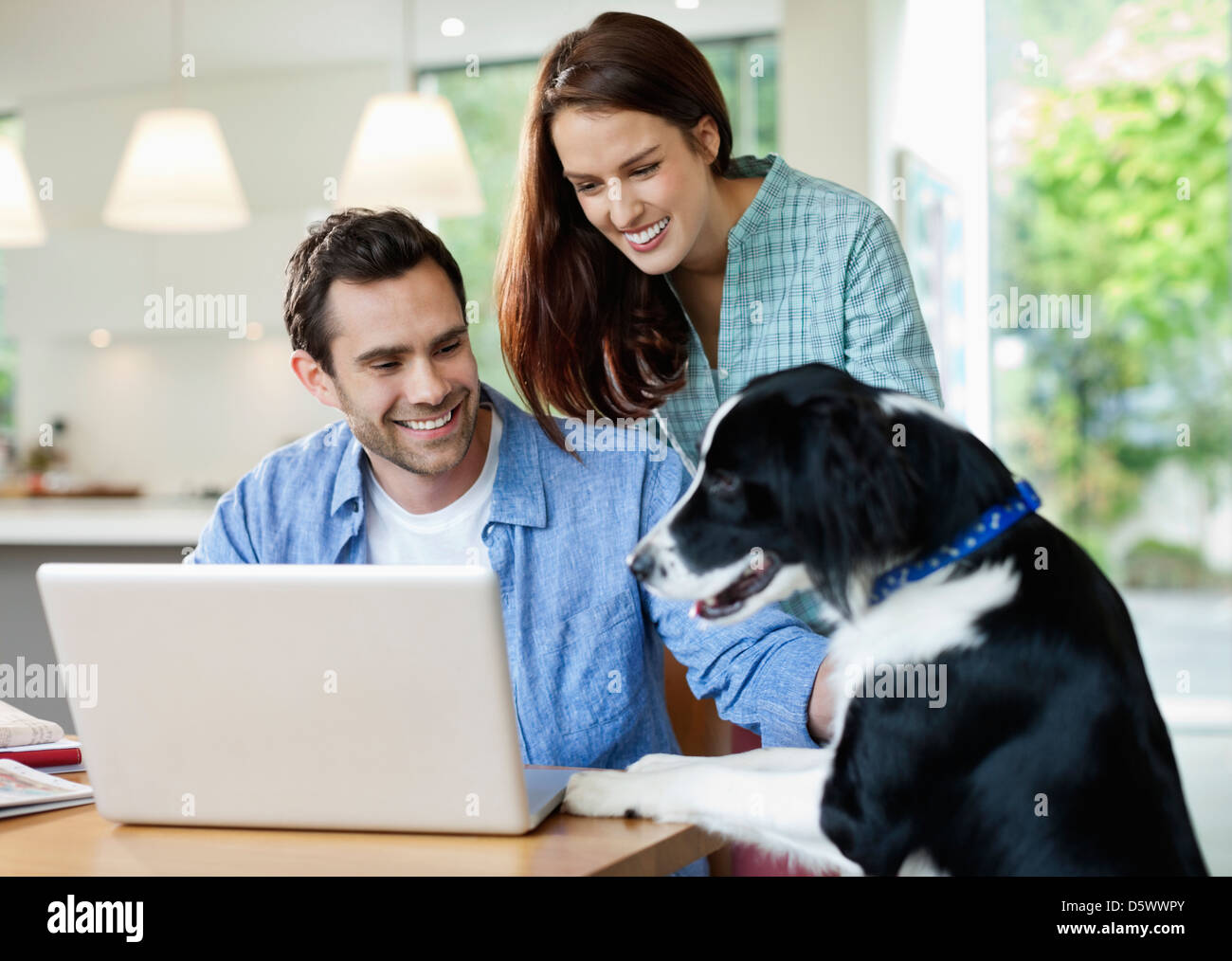 Couple petting dog at table Stock Photo